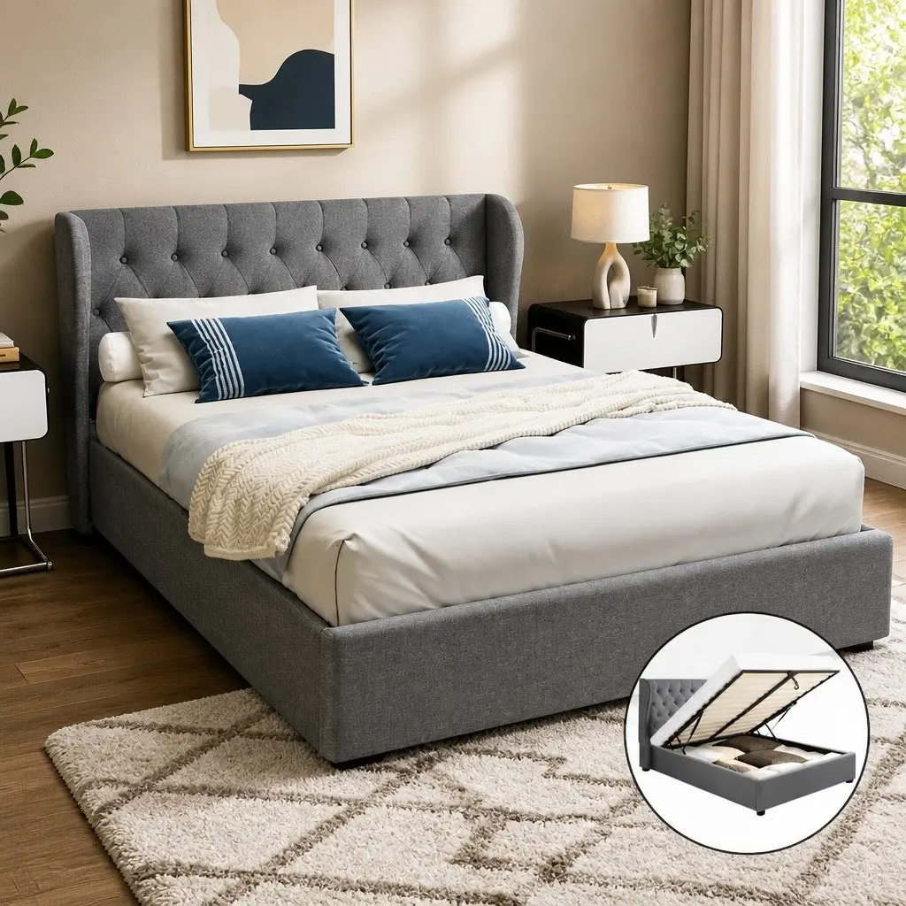 Queen Size Grey Upholstered Gas Lift Bed Frame with Storage