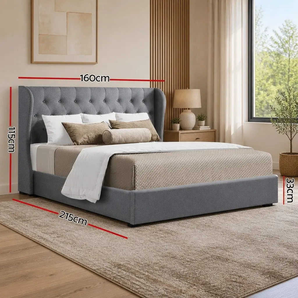 Queen Size Grey Upholstered Gas Lift Bed Frame with Storage