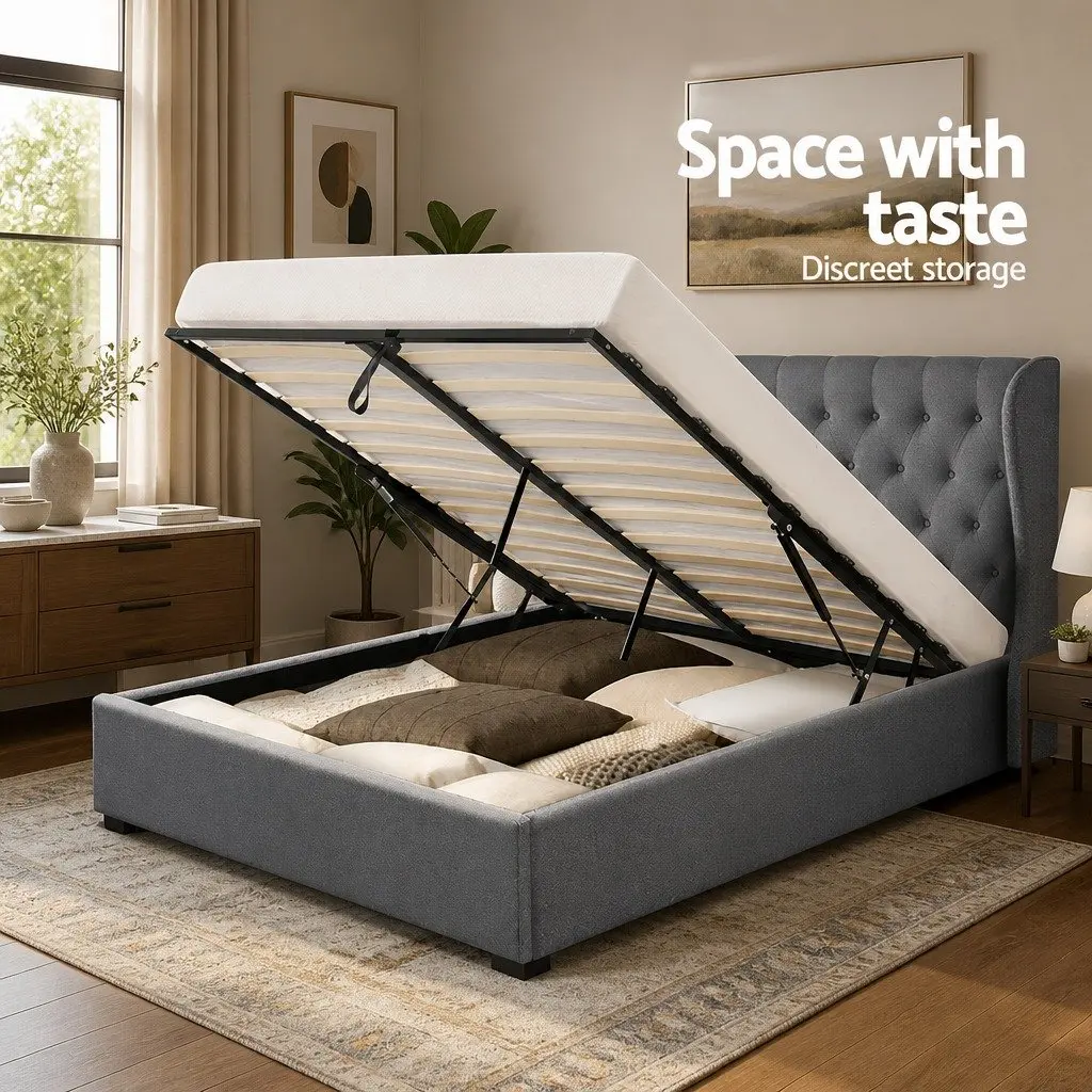 Queen Size Grey Upholstered Gas Lift Bed Frame with Storage
