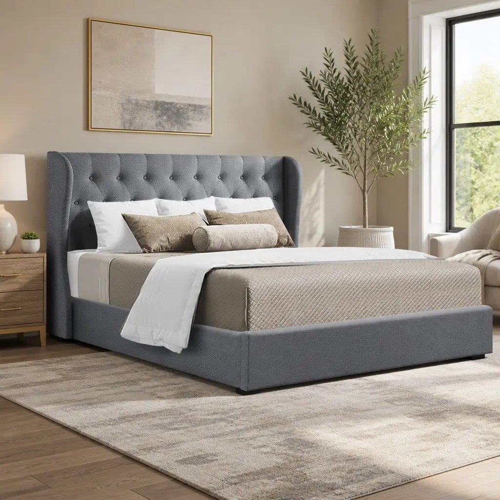 Queen Size Grey Upholstered Gas Lift Bed Frame with Storage