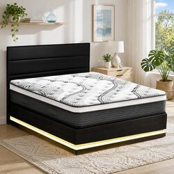 Upholstered Queen Bed Frame with LED Lighting and Mattress