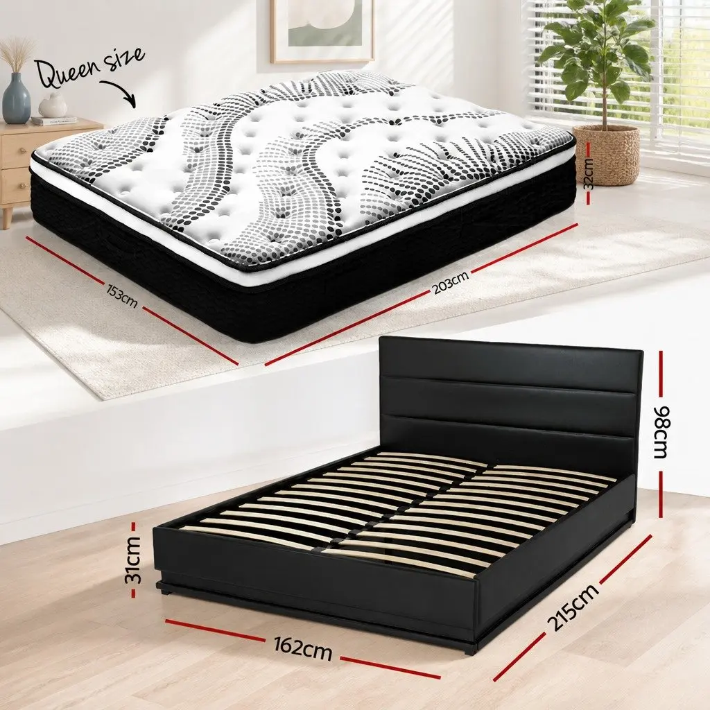 Queen Bed Frame LED Lighting Upholstered 202cm x 144cm PVC Leather 32cm Mattress Medium Firmness