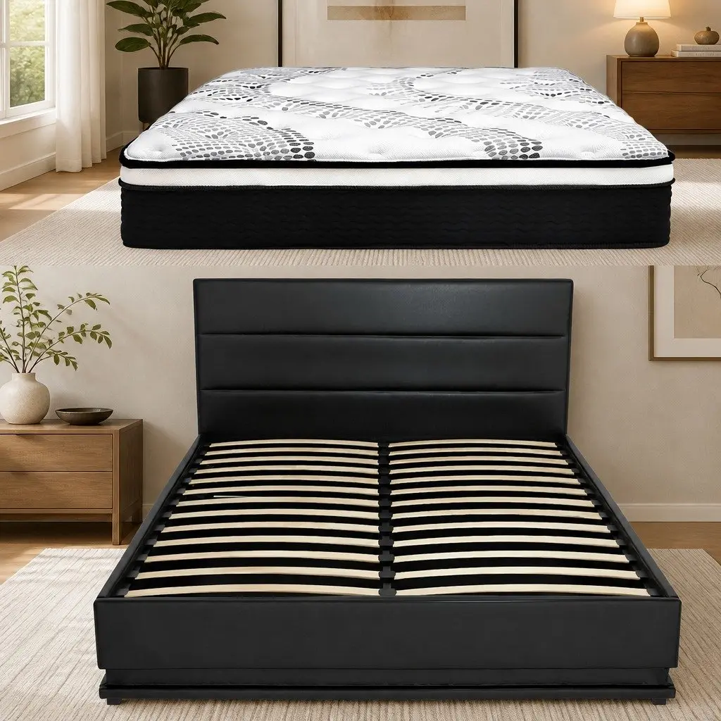 Queen Bed Frame LED Lighting Upholstered 202cm x 144cm PVC Leather 32cm Mattress Medium Firmness