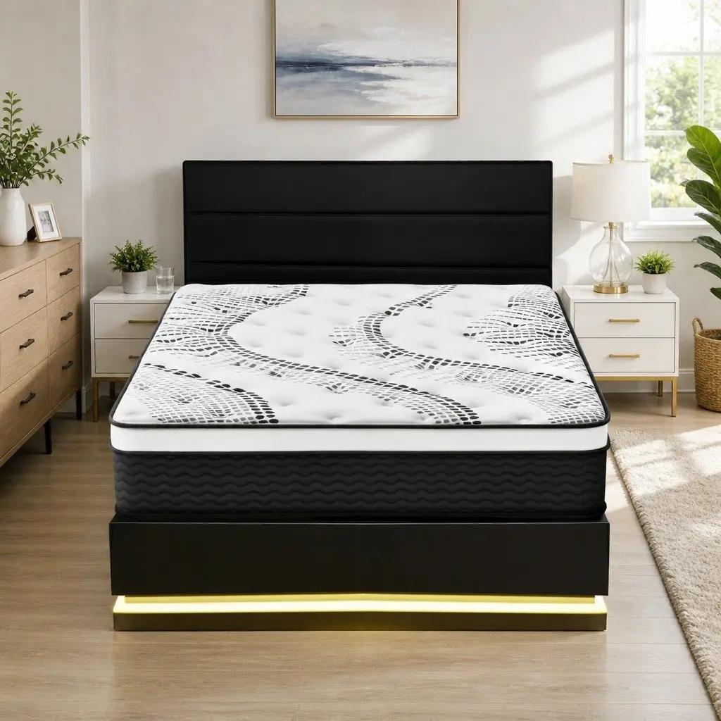 Queen Bed Frame LED Lighting Upholstered 202cm x 144cm PVC Leather 32cm Mattress Medium Firmness