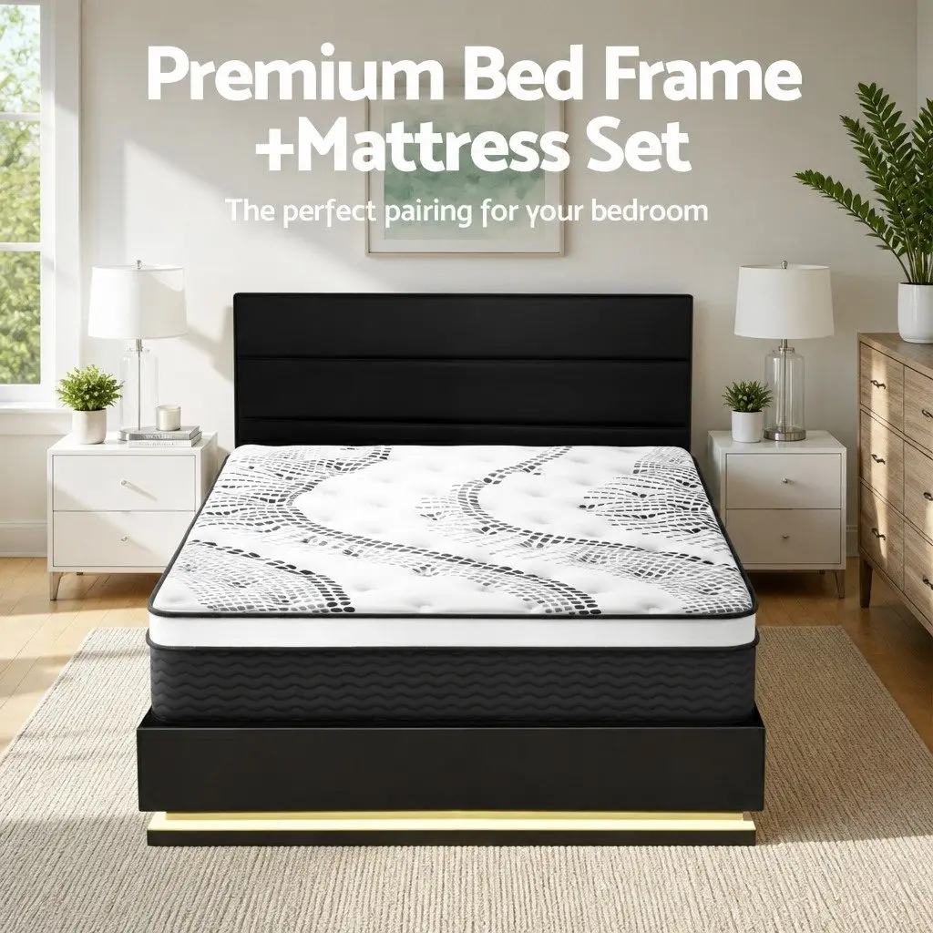 Queen Bed Frame LED Lighting Upholstered 202cm x 144cm PVC Leather 32cm Mattress Medium Firmness