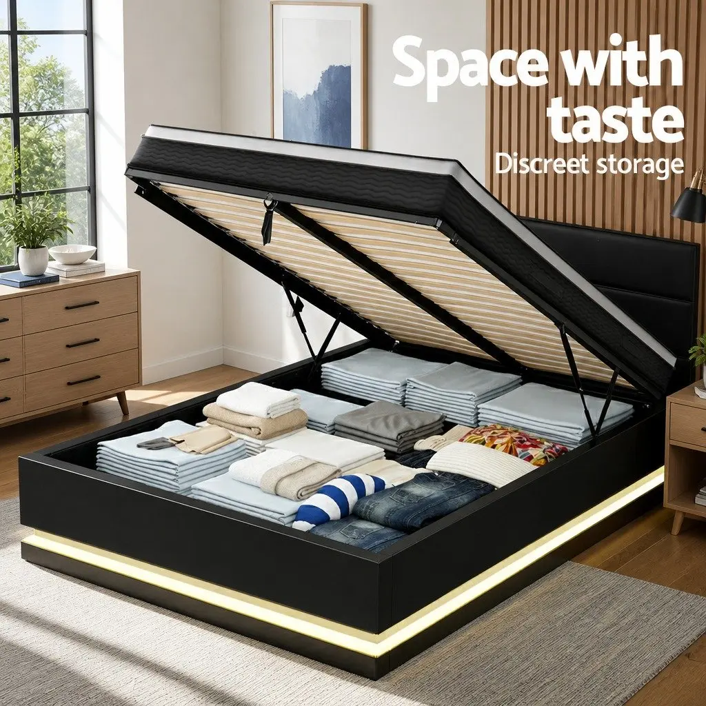 Queen Bed Frame LED Lighting Upholstered 202cm x 144cm PVC Leather 32cm Mattress Medium Firmness