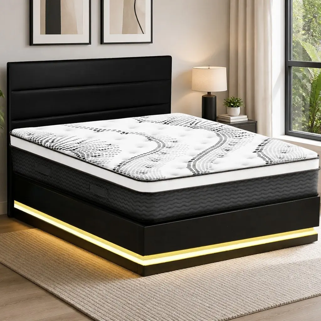 Queen Bed Frame LED Lighting Upholstered 202cm x 144cm PVC Leather 32cm Mattress Medium Firmness