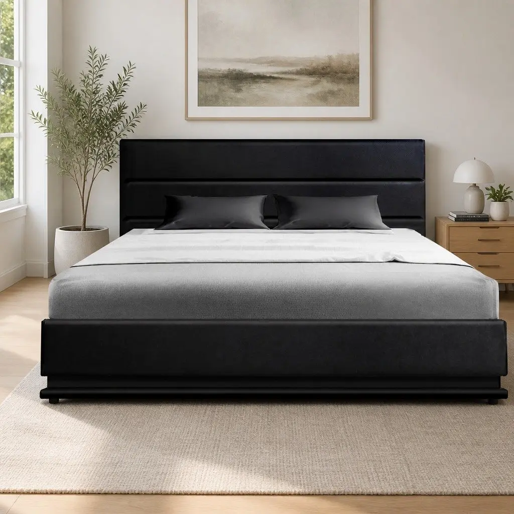 Black Upholstered Double Bed Frame with Storage and LED