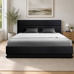 Black Upholstered Double Bed Frame with Storage and LED