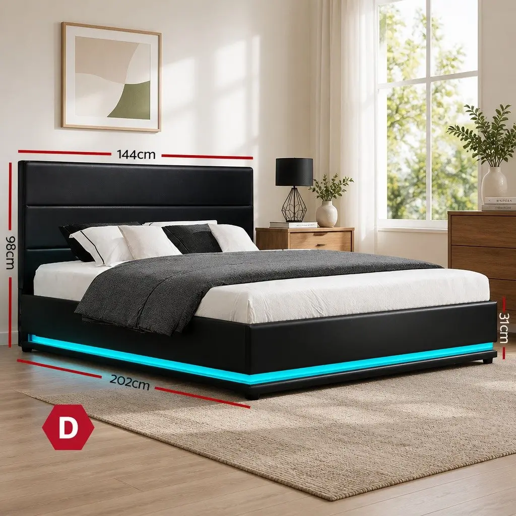 Black Upholstered Double Bed Frame with Storage and LED