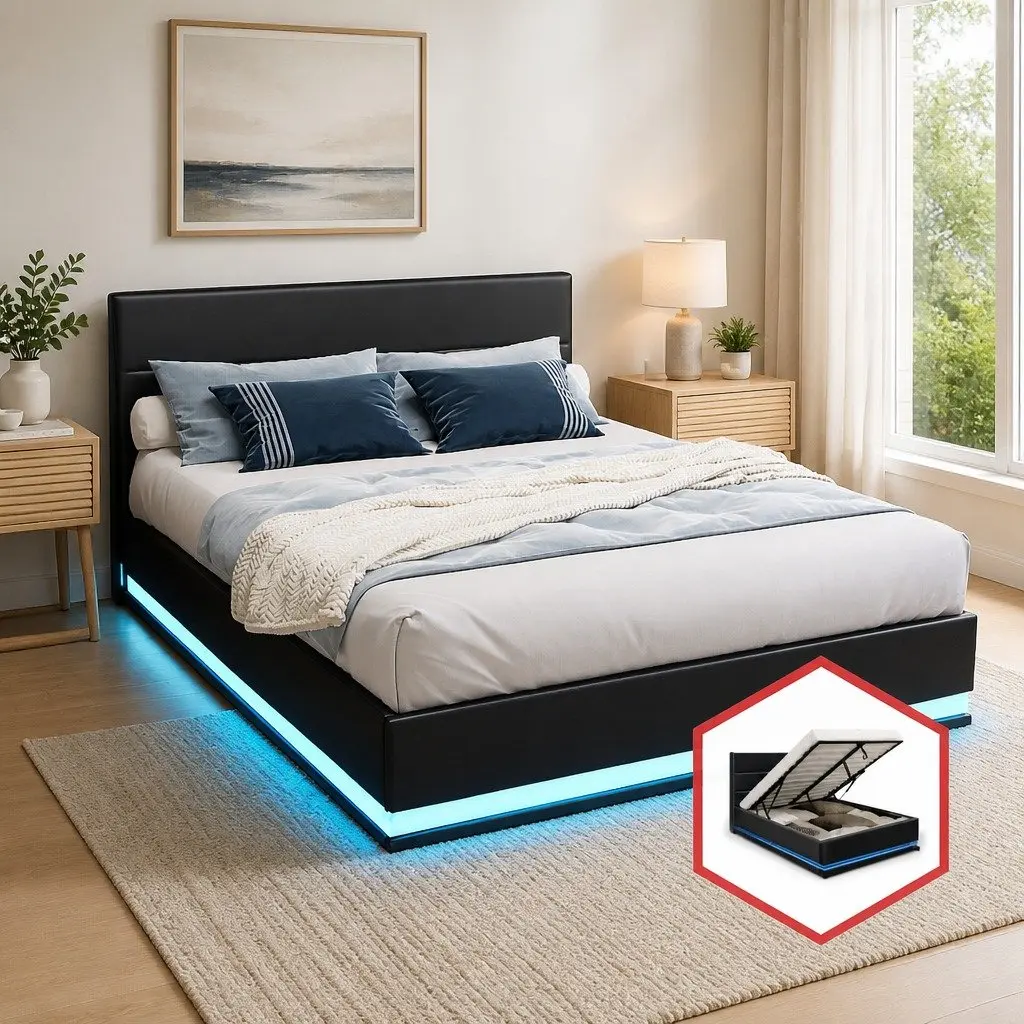Black Upholstered Double Bed Frame with Storage and LED