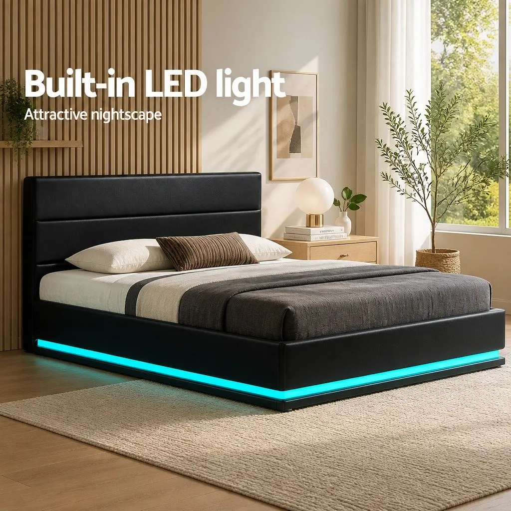 Black Upholstered Double Bed Frame with Storage and LED