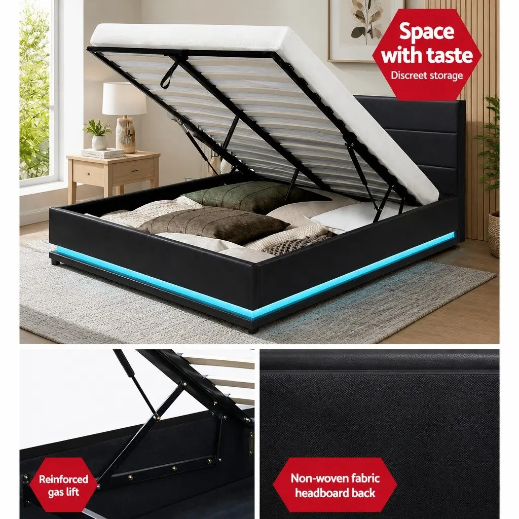 Black Upholstered Double Bed Frame with Storage and LED