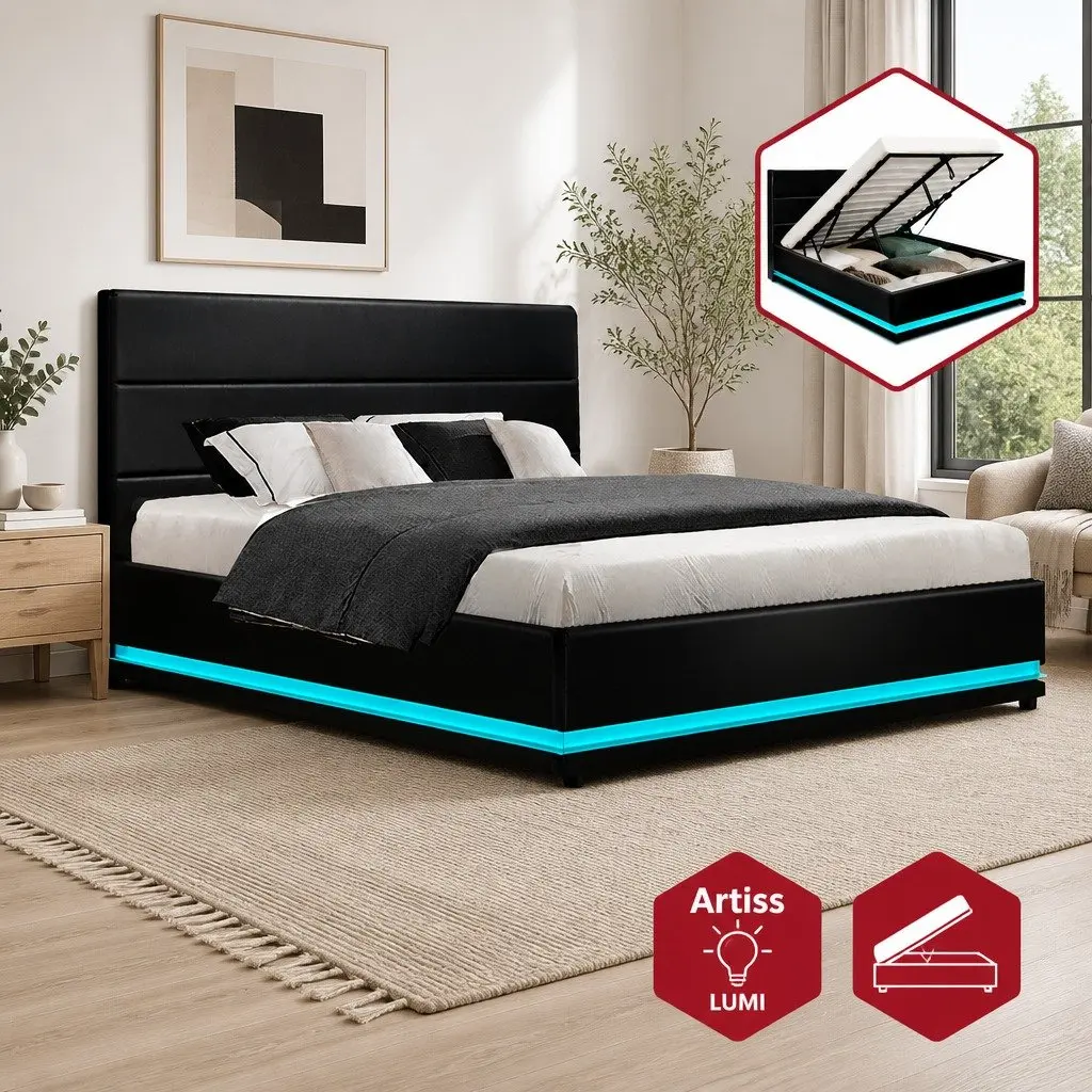 Black Upholstered Double Bed Frame with Storage and LED