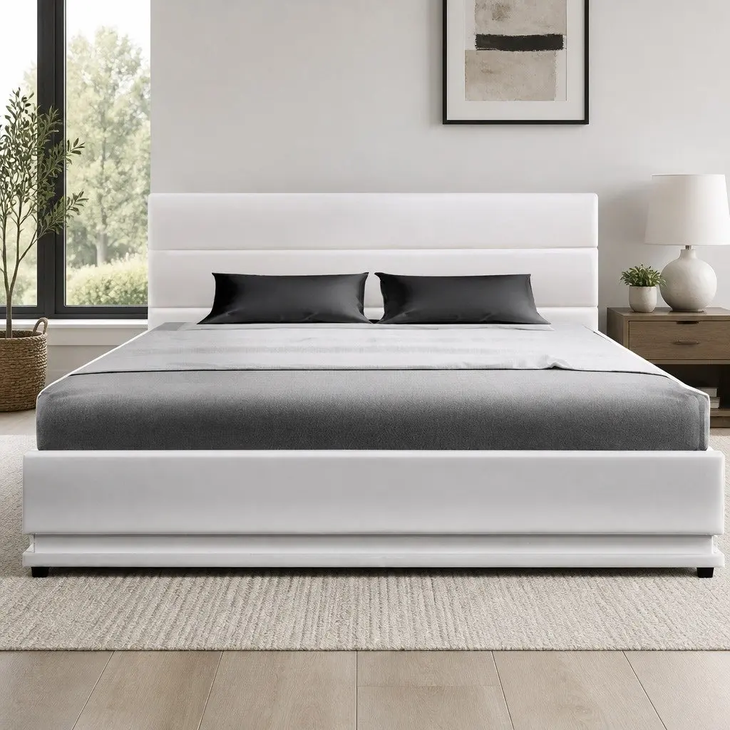 White Upholstered Double Bed Frame with LED Gas Lift Storage