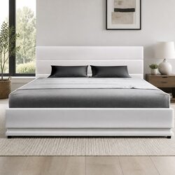 White Upholstered Double Bed Frame with LED Gas Lift Storage