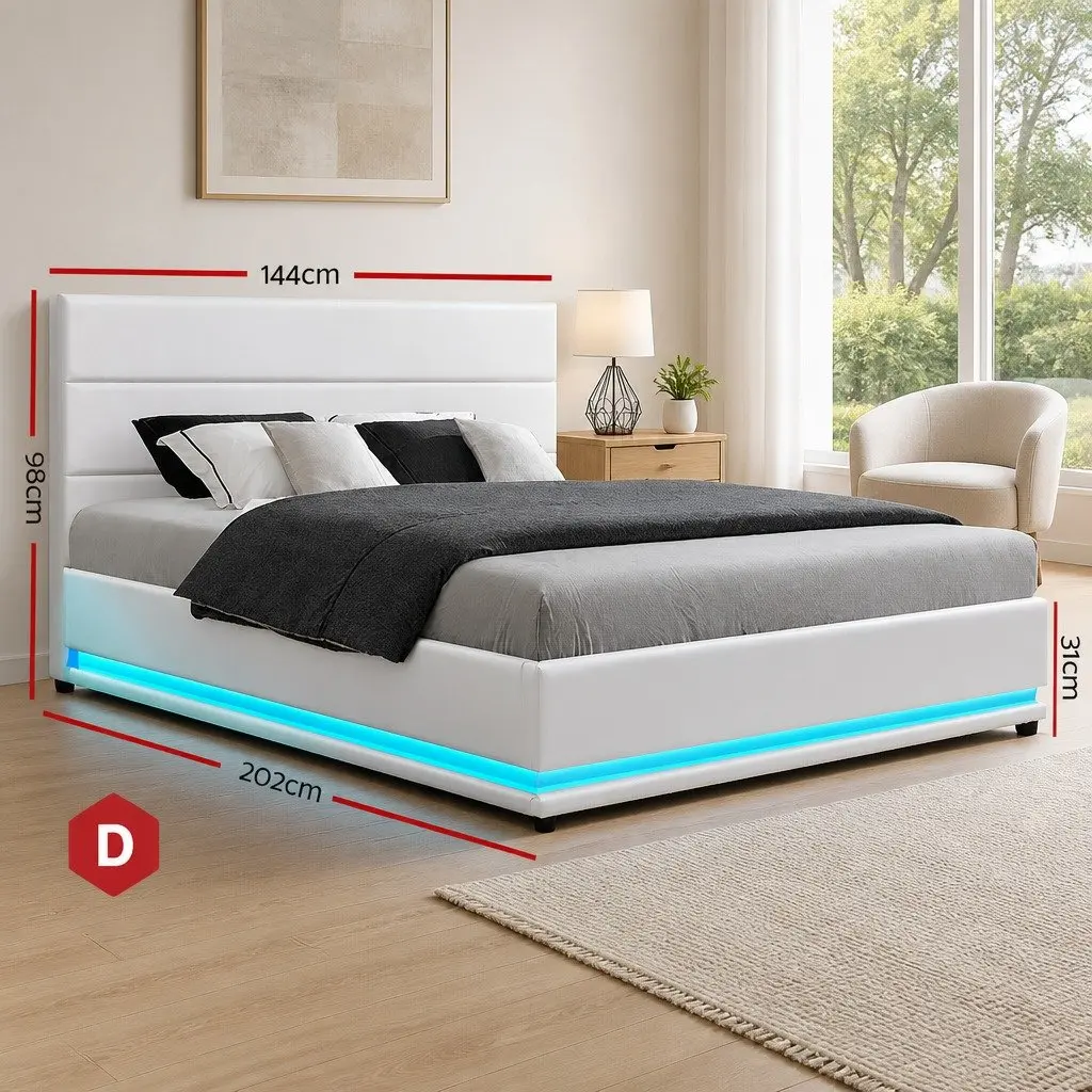 White Upholstered Double Bed Frame with LED Gas Lift Storage