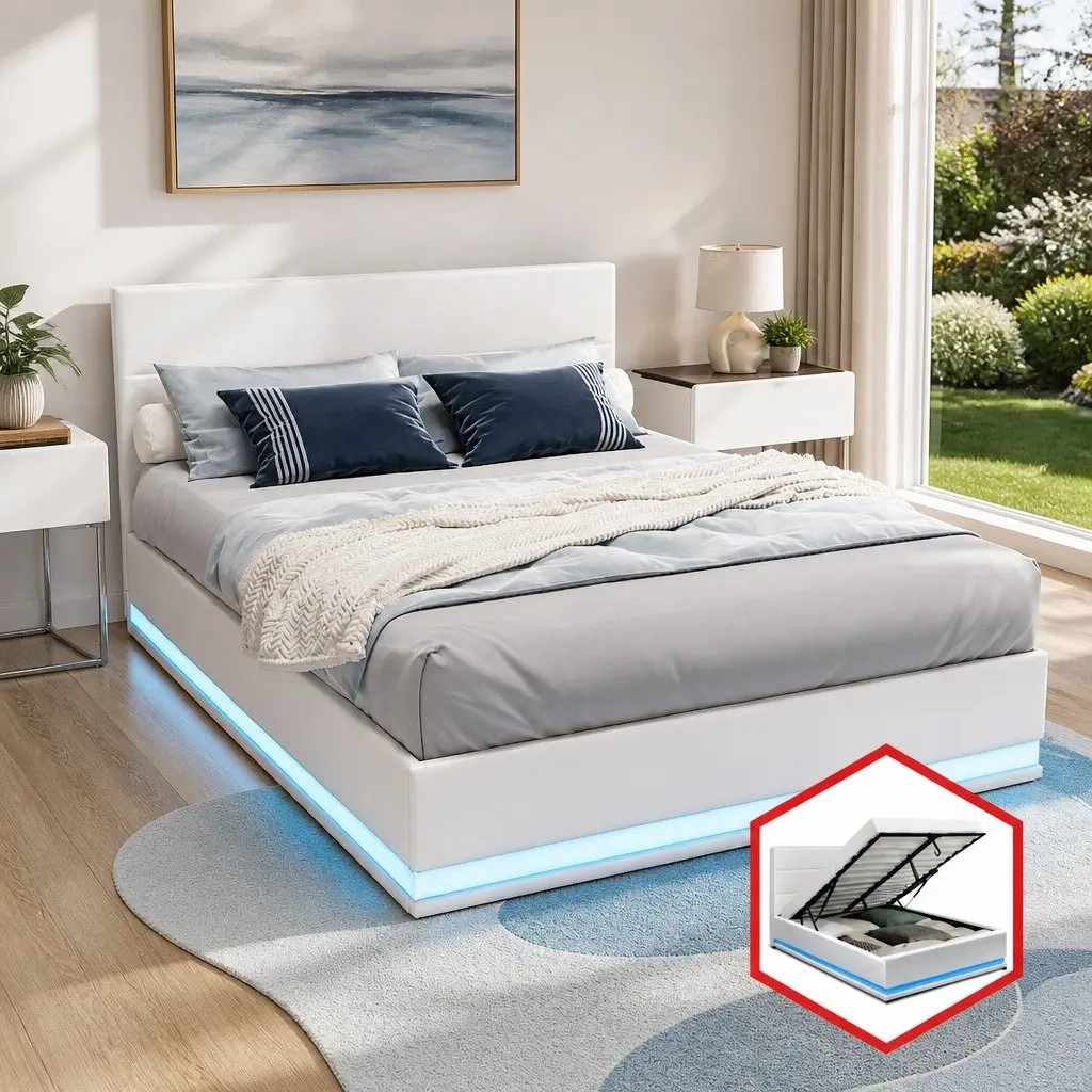 White Upholstered Double Bed Frame with LED Gas Lift Storage
