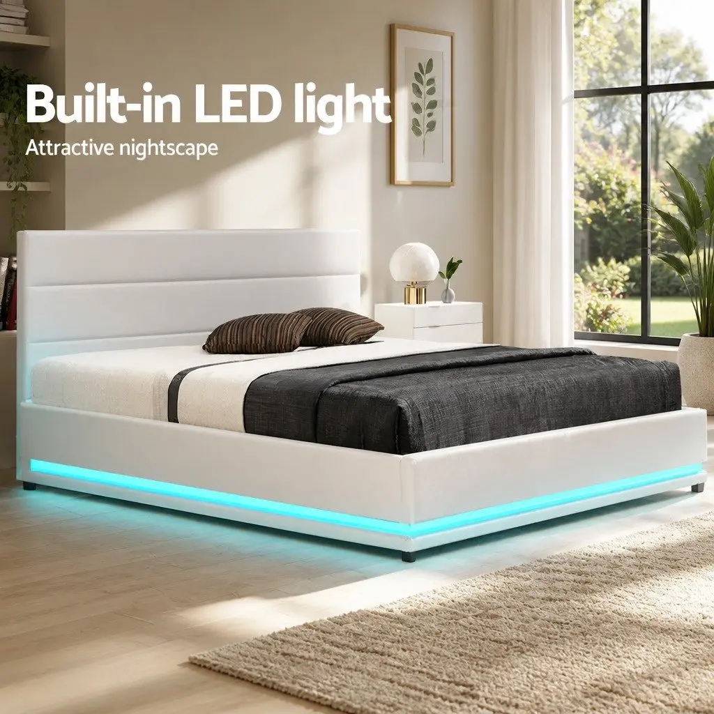 White Upholstered Double Bed Frame with LED Gas Lift Storage
