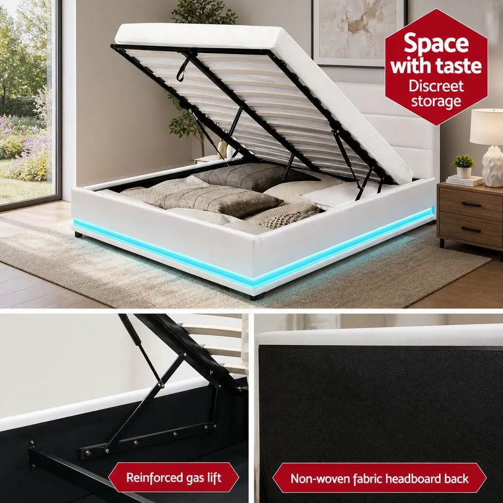 White Upholstered Double Bed Frame with LED Gas Lift Storage