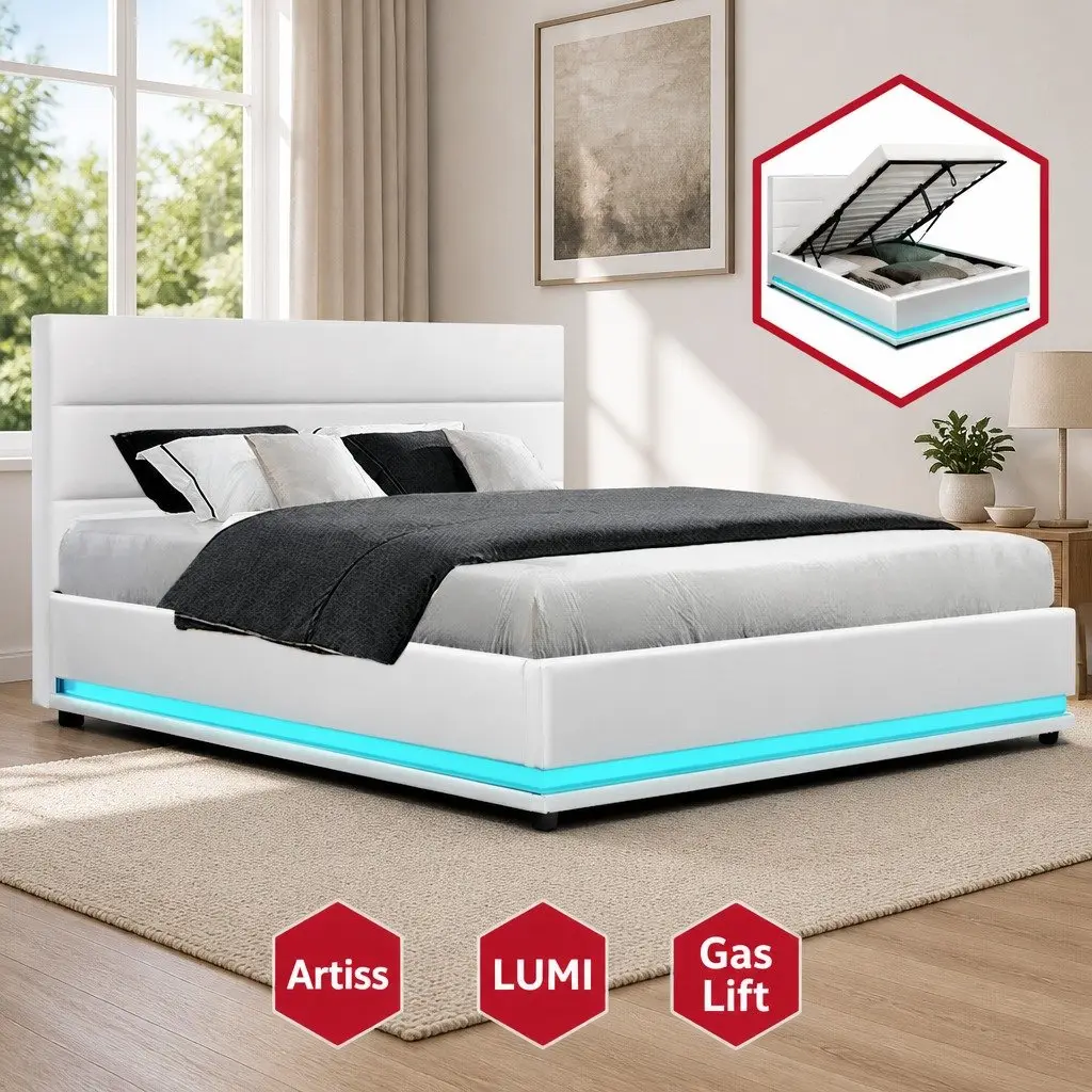 White Upholstered Double Bed Frame with LED Gas Lift Storage