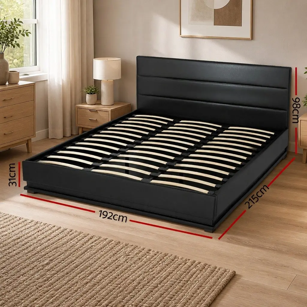 King Size Bed Frame Gas Lift Storage LED Lighting Black Padded Headboard PVC Leather Foam Steel Wood