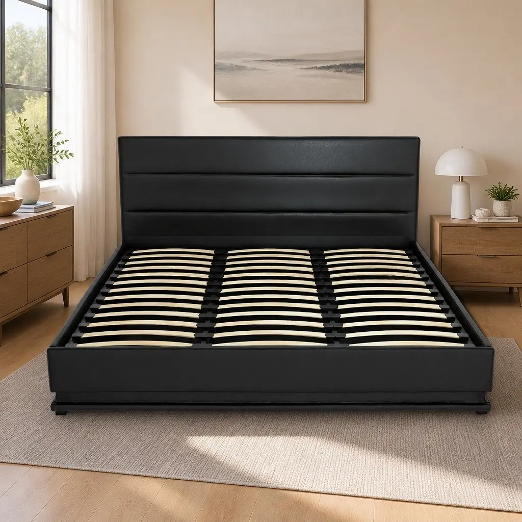 King Size Bed Frame Gas Lift Storage LED Lighting Black Padded Headboard PVC Leather Foam Steel Wood