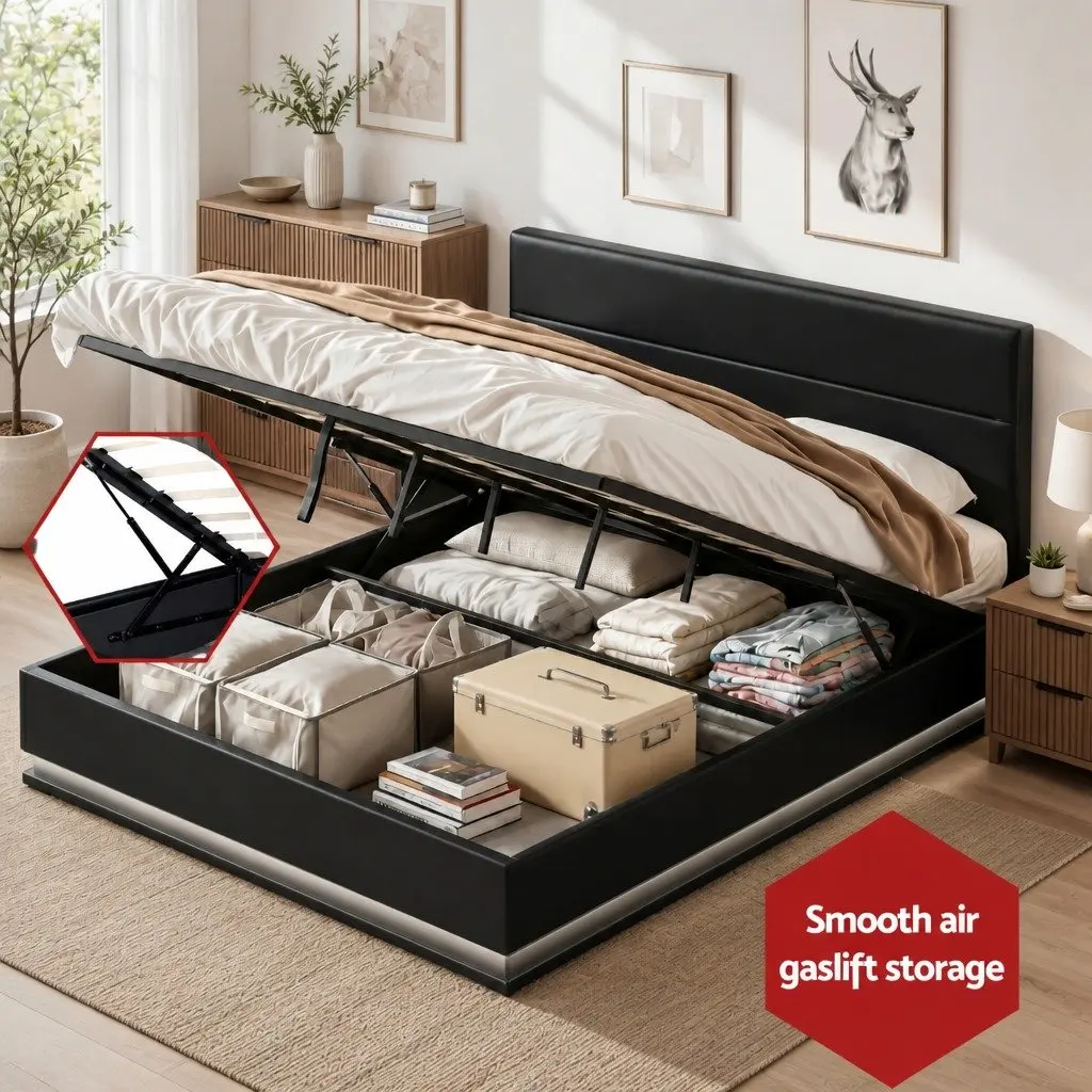 King Size Bed Frame Gas Lift Storage LED Lighting Black Padded Headboard PVC Leather Foam Steel Wood