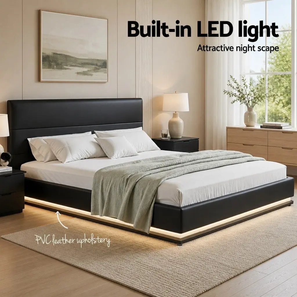 King Size Bed Frame Gas Lift Storage LED Lighting Black Padded Headboard PVC Leather Foam Steel Wood