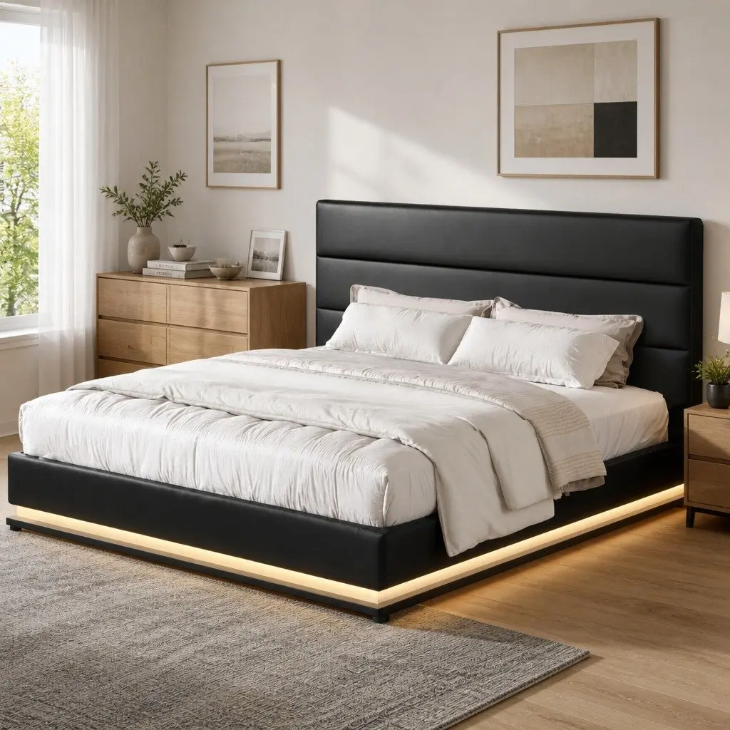 King Size Bed Frame Gas Lift Storage LED Lighting Black Padded Headboard PVC Leather Foam Steel Wood