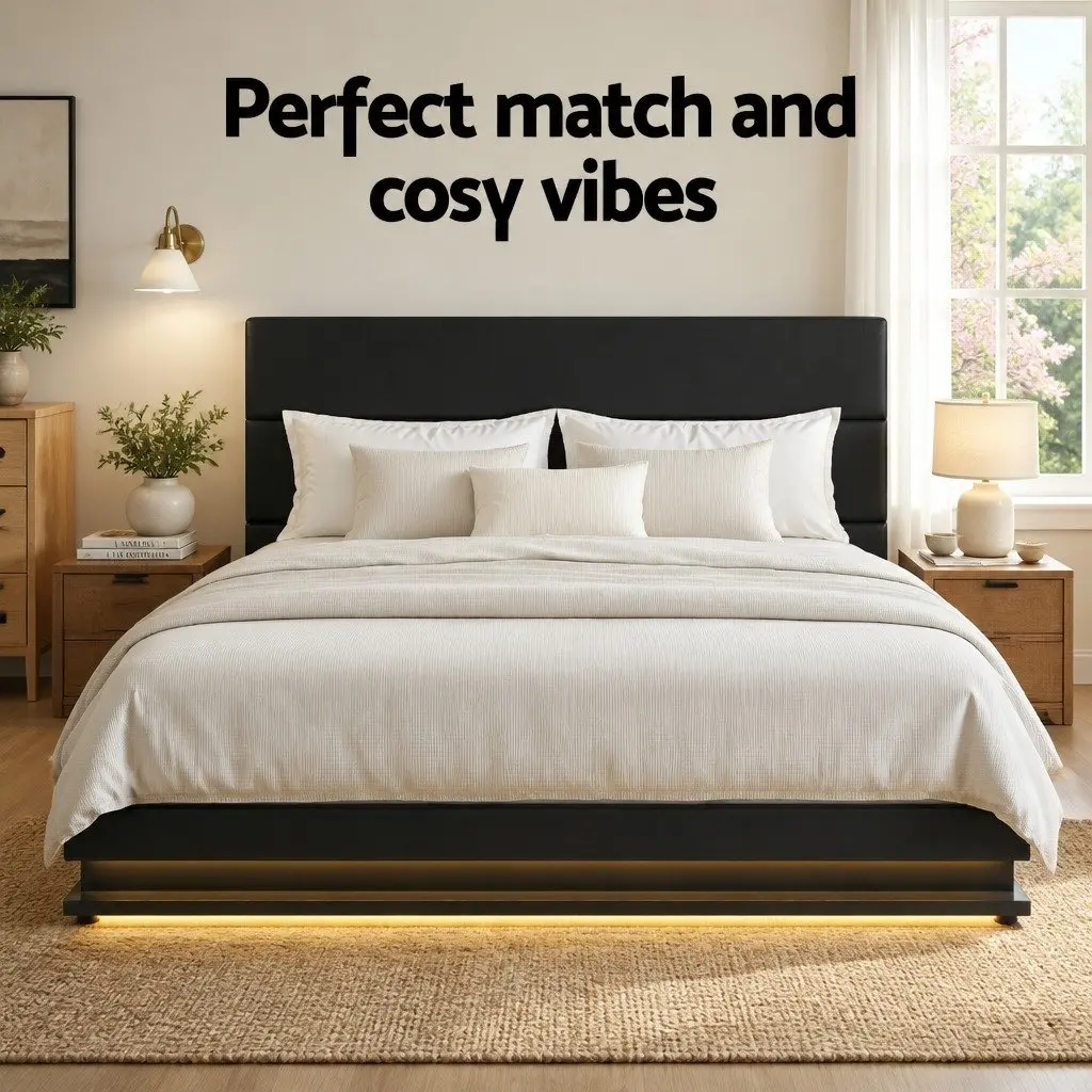King Size Bed Frame Gas Lift Storage LED Lighting Black Padded Headboard PVC Leather Foam Steel Wood