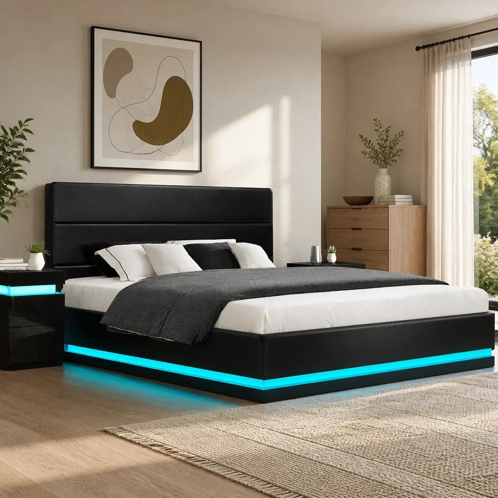 King Size Bed Frame Gas Lift Storage LED Lighting Black Padded Headboard PVC Leather Foam Steel Wood