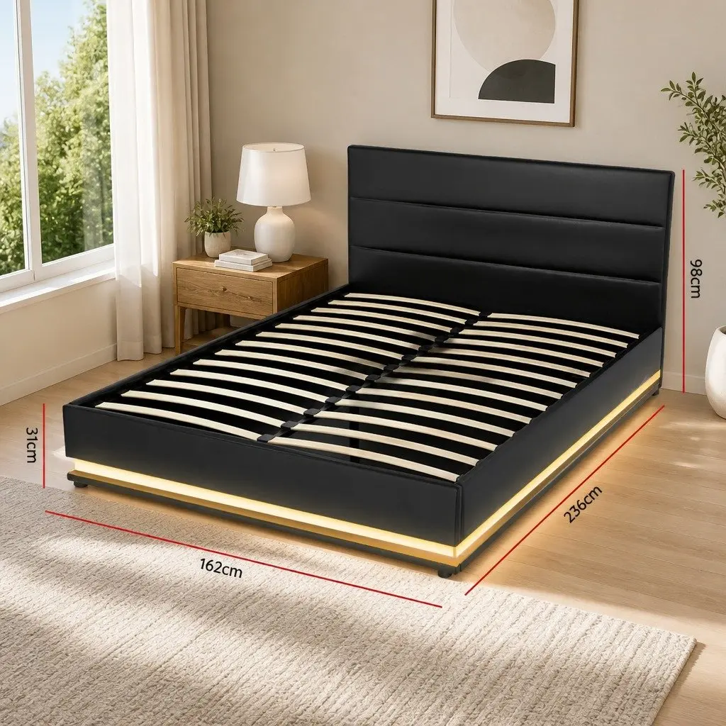 Queen Size Bed Frame Black Upholstered Gas Lift Storage with LED Lights