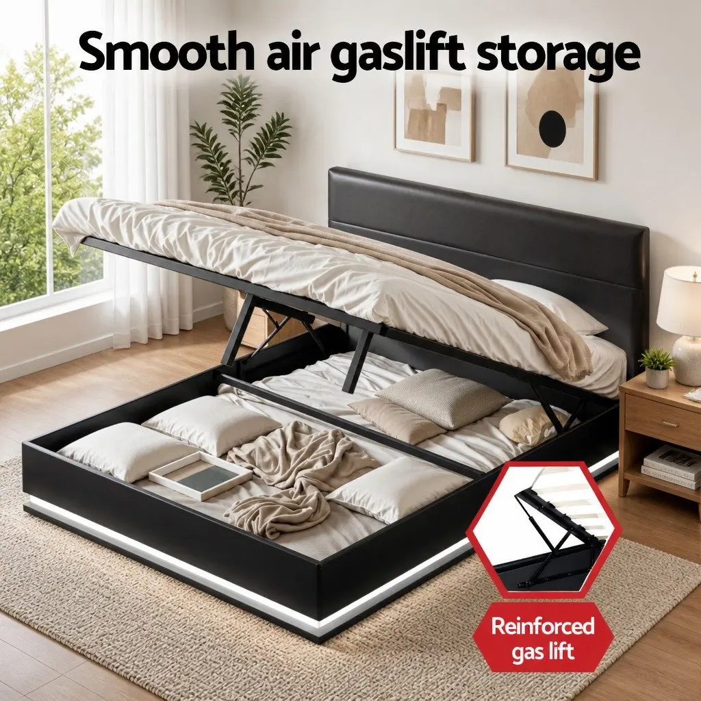 Queen Size Bed Frame Black Upholstered Gas Lift Storage with LED Lights