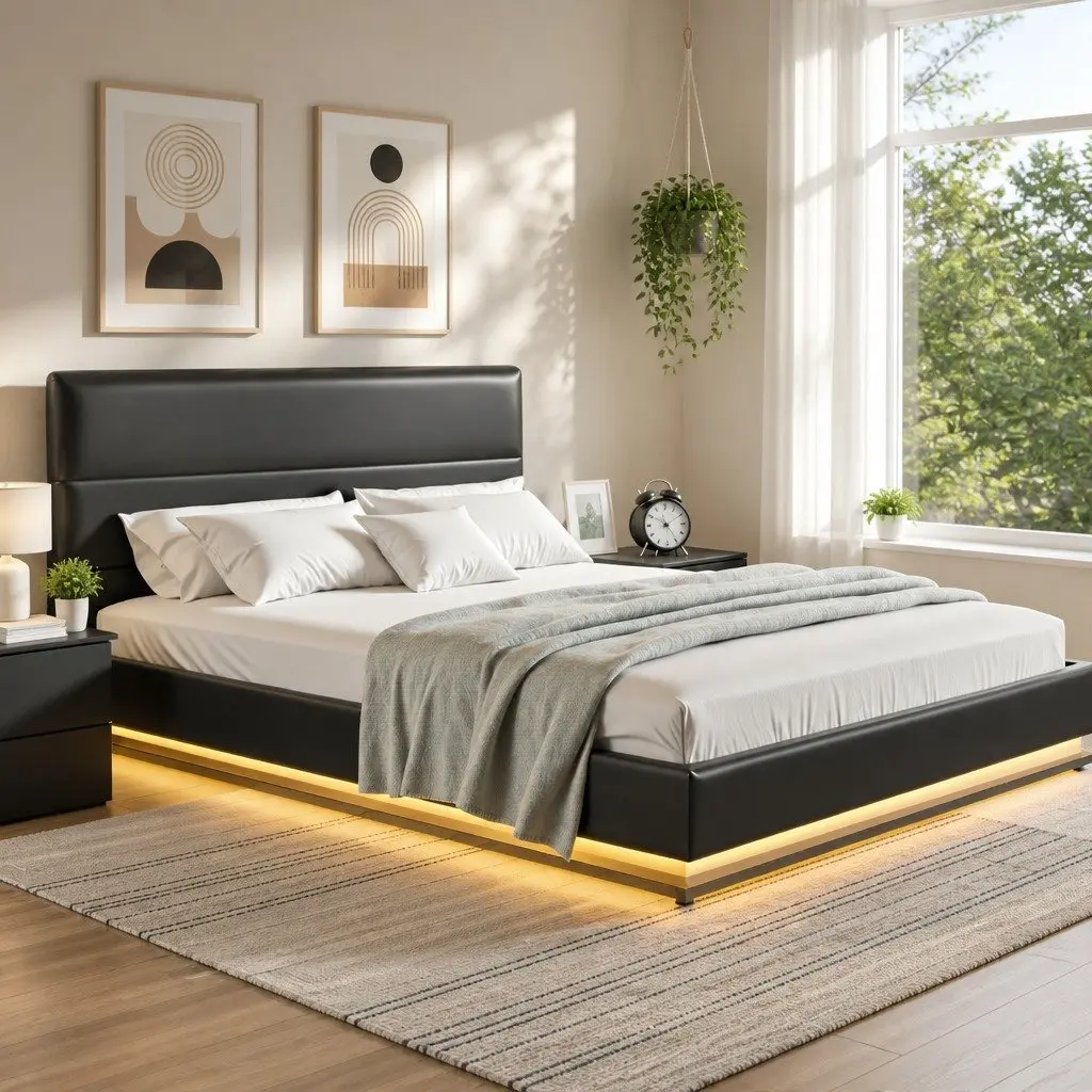 Queen Size Bed Frame Black Upholstered Gas Lift Storage with LED Lights