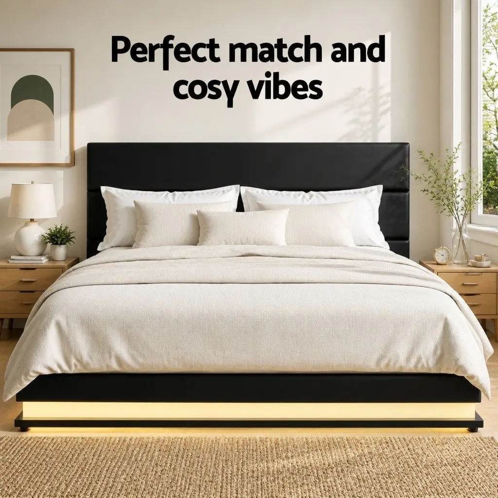 Queen Size Bed Frame Black Upholstered Gas Lift Storage with LED Lights