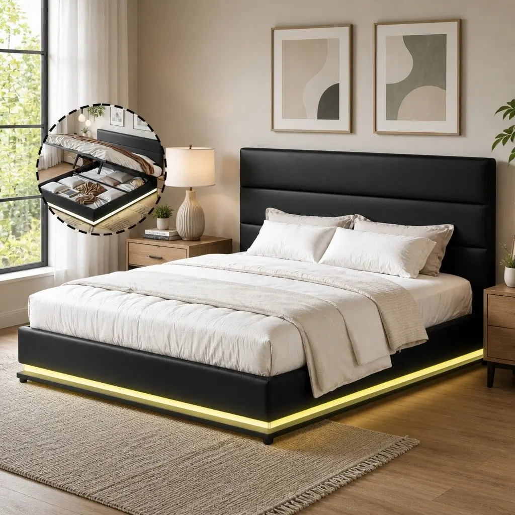 Queen Size Bed Frame Black Upholstered Gas Lift Storage with LED Lights