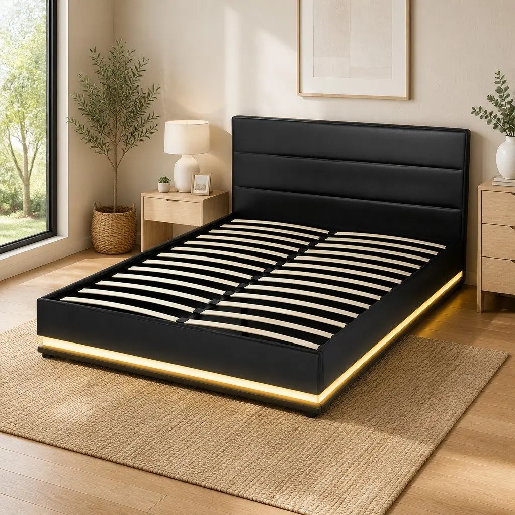 Queen Size Bed Frame Black Upholstered Gas Lift Storage with LED Lights