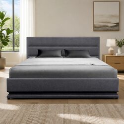 Queen Size Bed Frame Gas Lift Storage LED Light Grey Upholstered Headboard