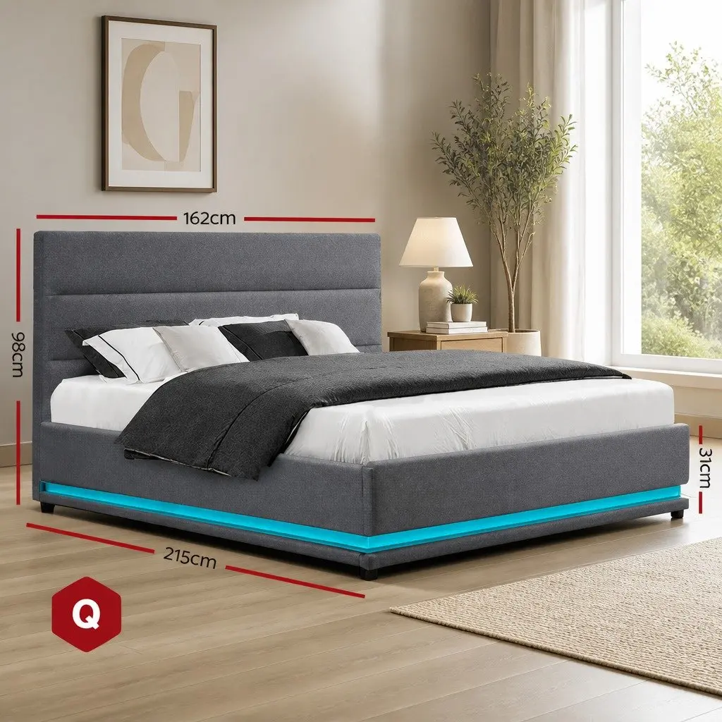 Queen Bed Frame Grey Upholstered Gas Lift Storage with LED Lighting