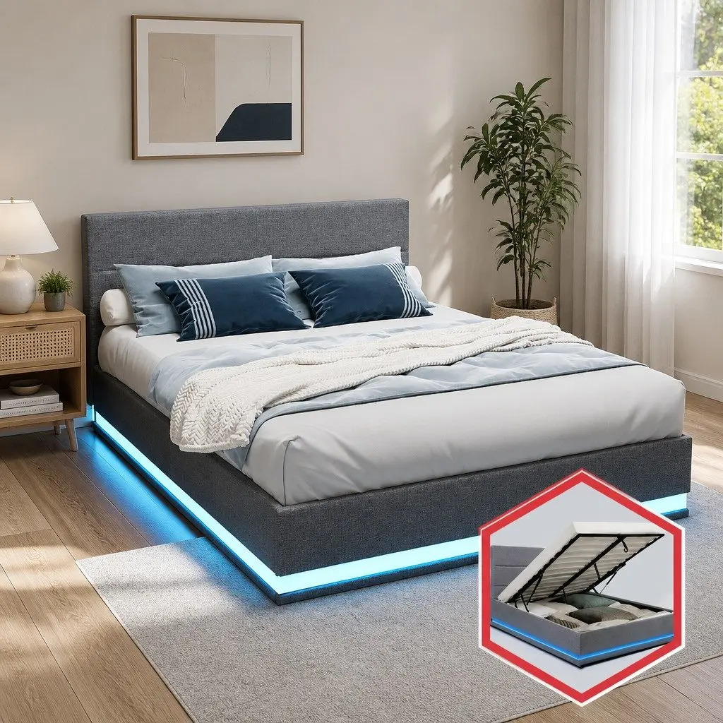 Queen Bed Frame Grey Upholstered Gas Lift Storage with LED Lighting