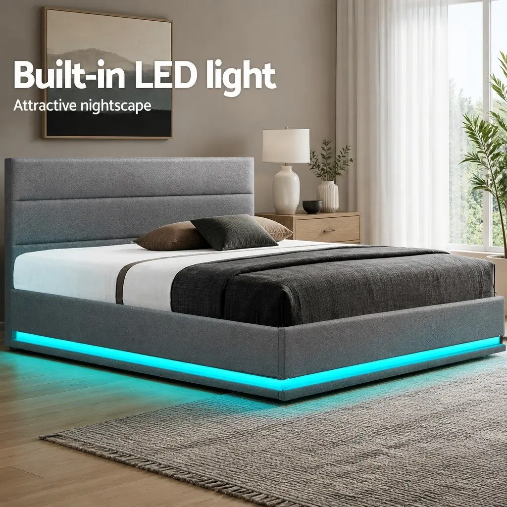 Queen Bed Frame Grey Upholstered Gas Lift Storage with LED Lighting