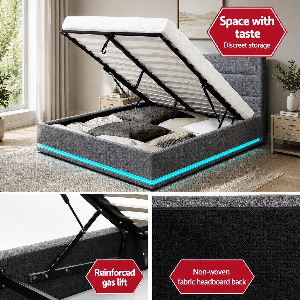 Queen Bed Frame Grey Upholstered Gas Lift Storage with LED Lighting