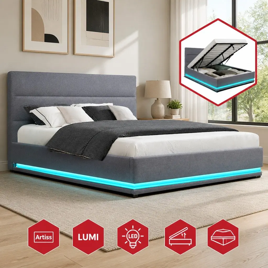 Queen Bed Frame Grey Upholstered Gas Lift Storage with LED Lighting