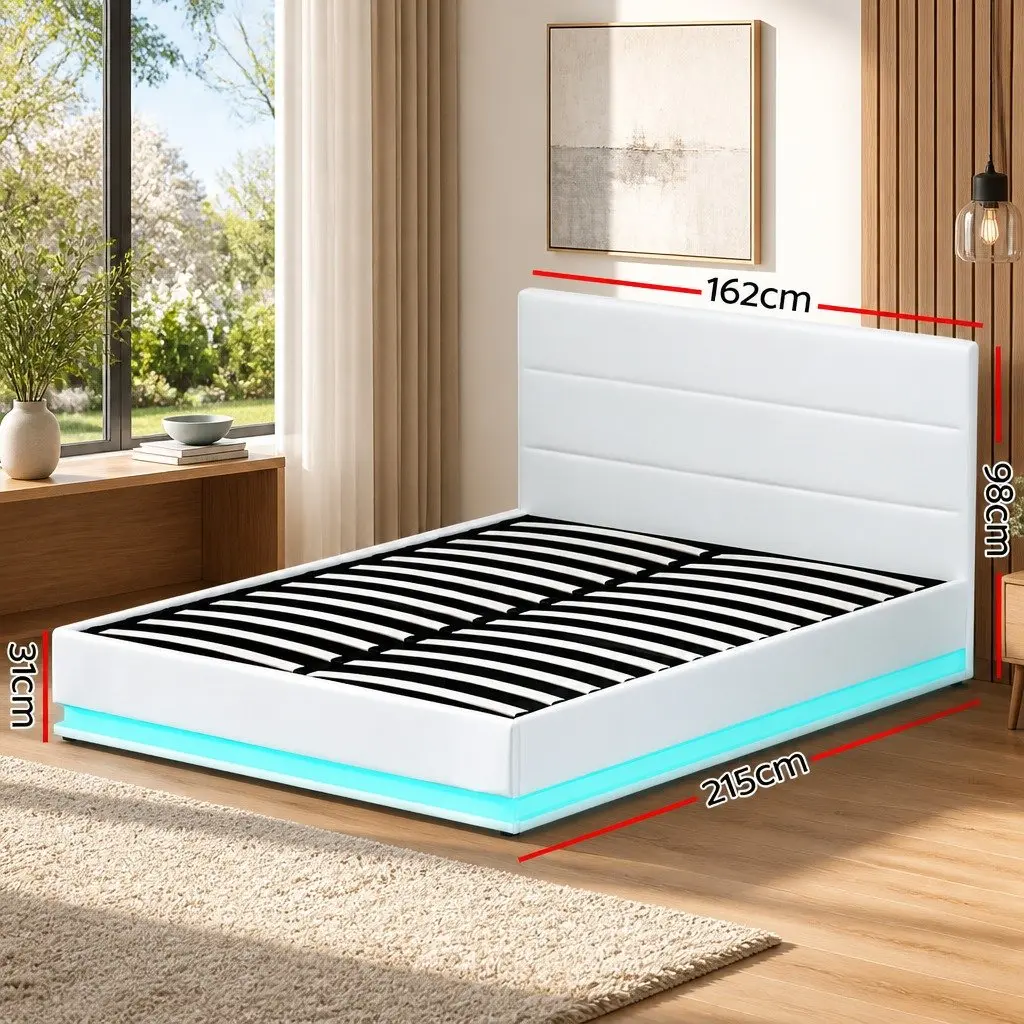 Queen Size Gas Lift Bed Frame White LED Lights Upholstered PVC Leather Storage Furniture