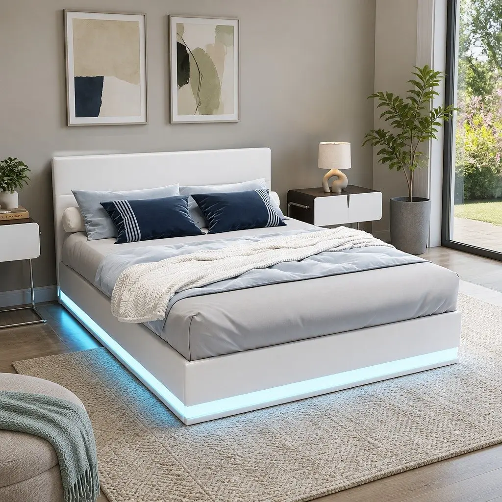 Queen Size Gas Lift Bed Frame White LED Lights Upholstered PVC Leather Storage Furniture