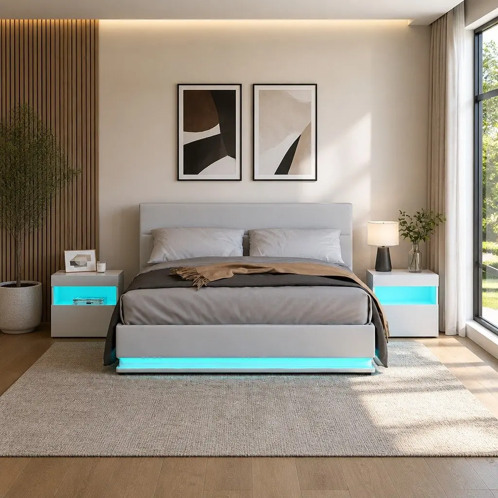 Queen Size Gas Lift Bed Frame White LED Lights Upholstered PVC Leather Storage Furniture