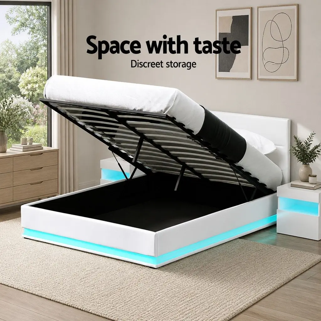 Queen Size Gas Lift Bed Frame White LED Lights Upholstered PVC Leather Storage Furniture