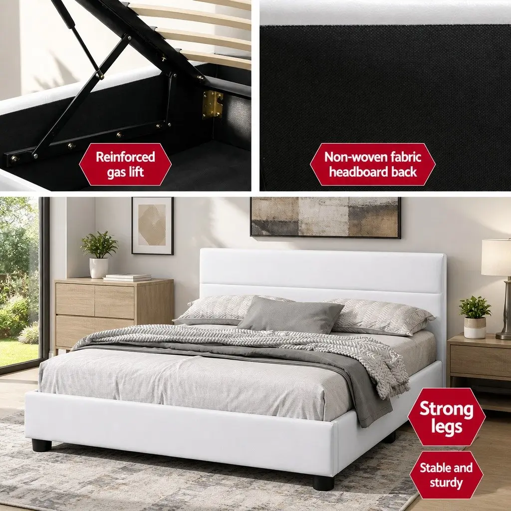 Queen Size Gas Lift Bed Frame White LED Lights Upholstered PVC Leather Storage Furniture