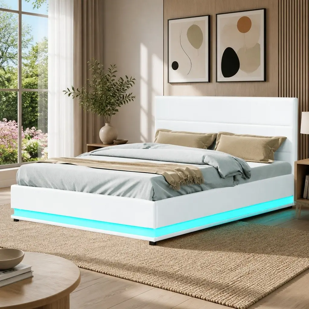 Queen Size Gas Lift Bed Frame White LED Lights Upholstered PVC Leather Storage Furniture